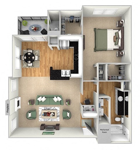 Island Park - A2 - 1 bedroom and 1 bath - 3D